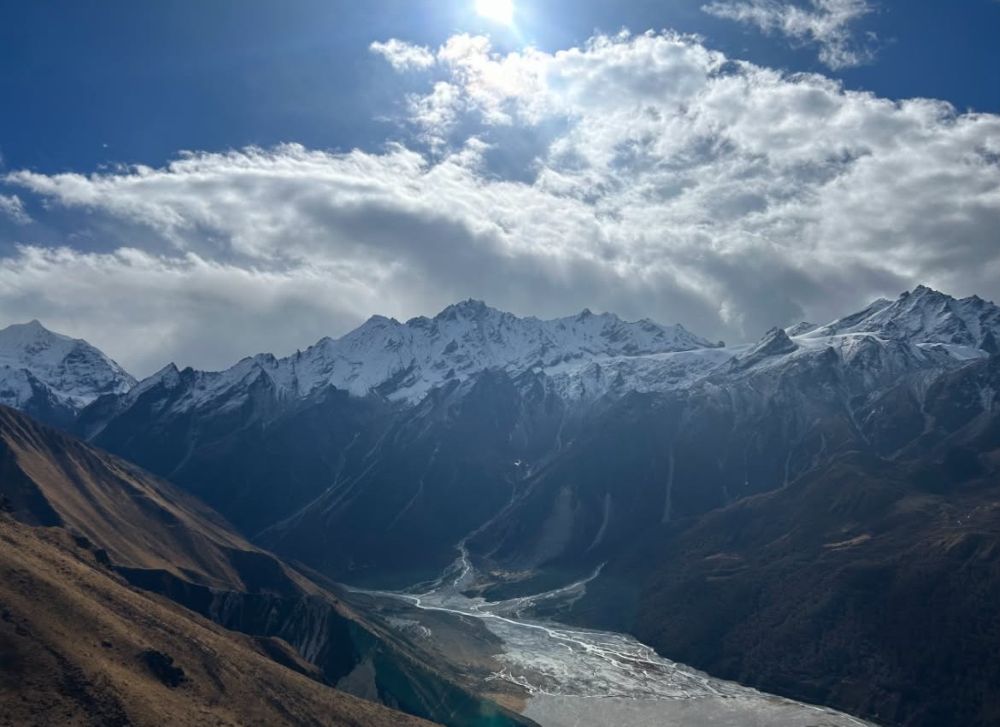 Langtang village with snow-capped Himalayan peaks